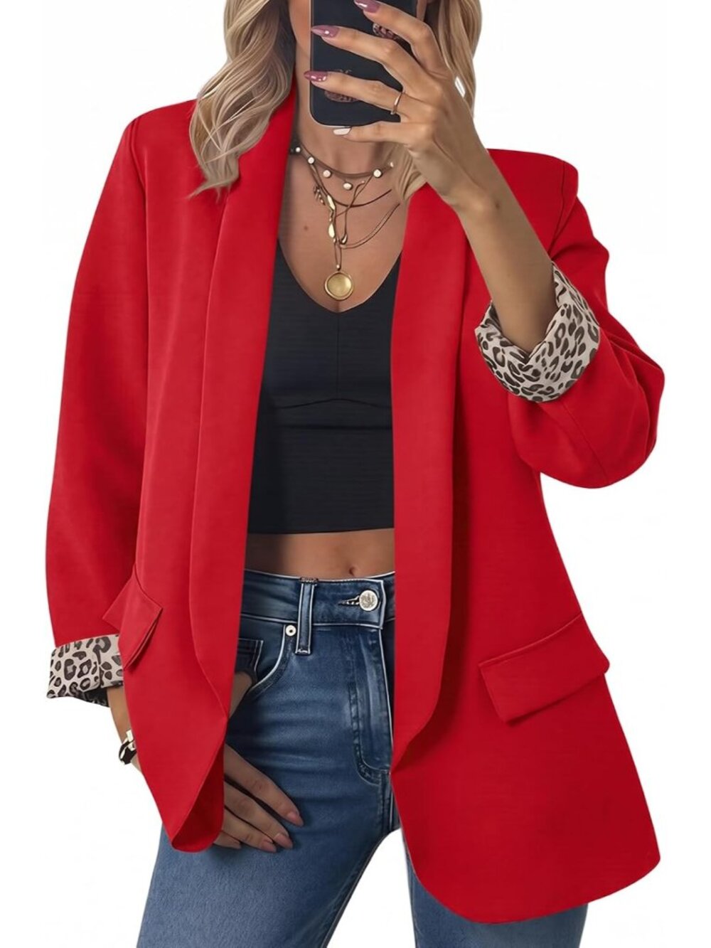 Women's Red Oversized Open Front Shawl Collar Leopard Cuff Classic Suit Jacket
